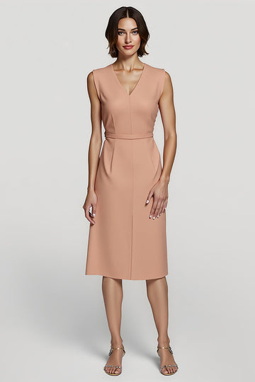 V Neck Sheath Orange Midi Work Dress